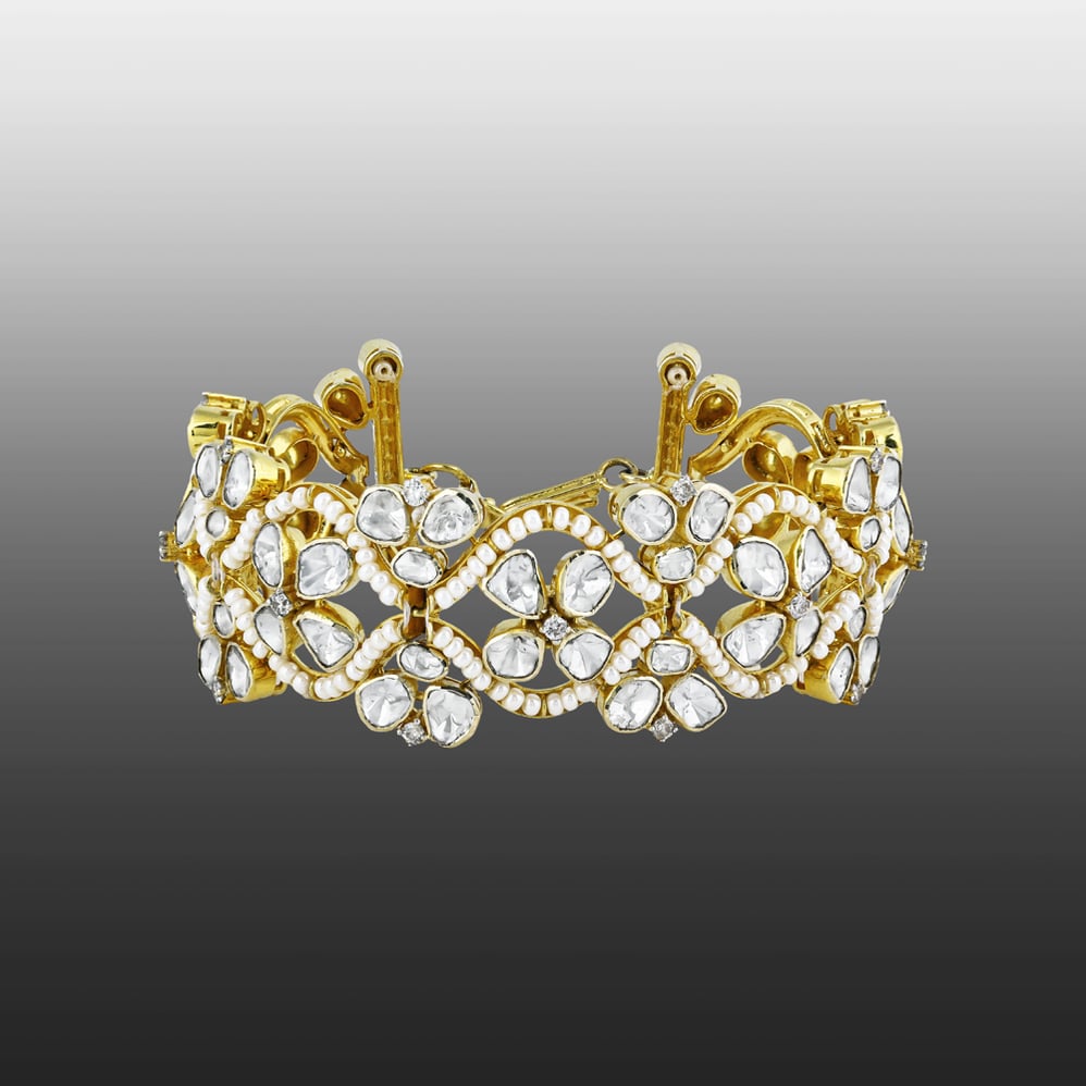 Floral Polki Bracelet with Lattice Design and Gold Clasp